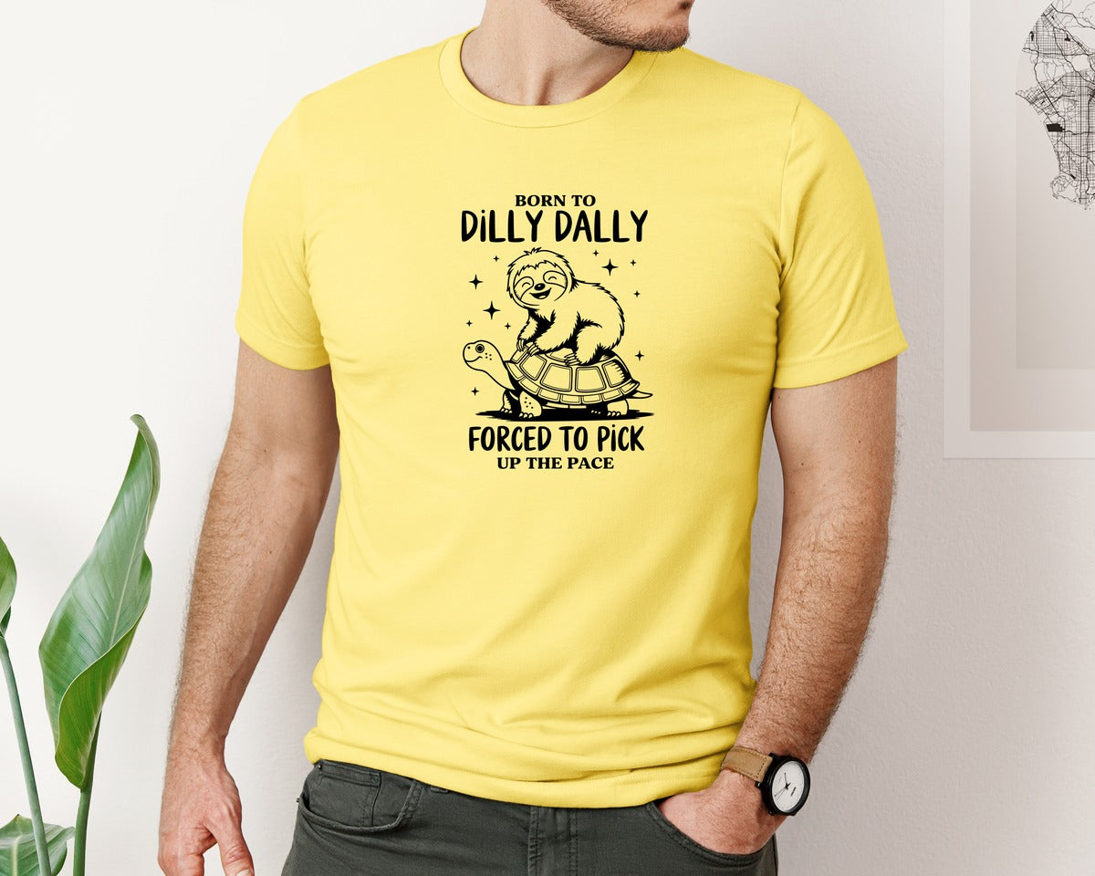 brand:Bella Canvas|color:Yellow|Born To Dilly Dally Funny Sloth Graphic T-Shirt