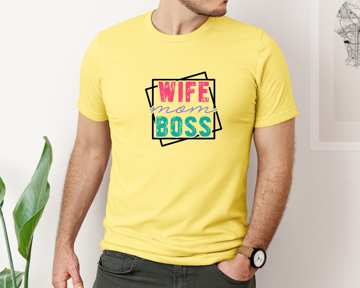 brand:Bella Canvas|color:Yellow|Mom Quotes Wife Mom Boss 4 Graphic T-Shirt