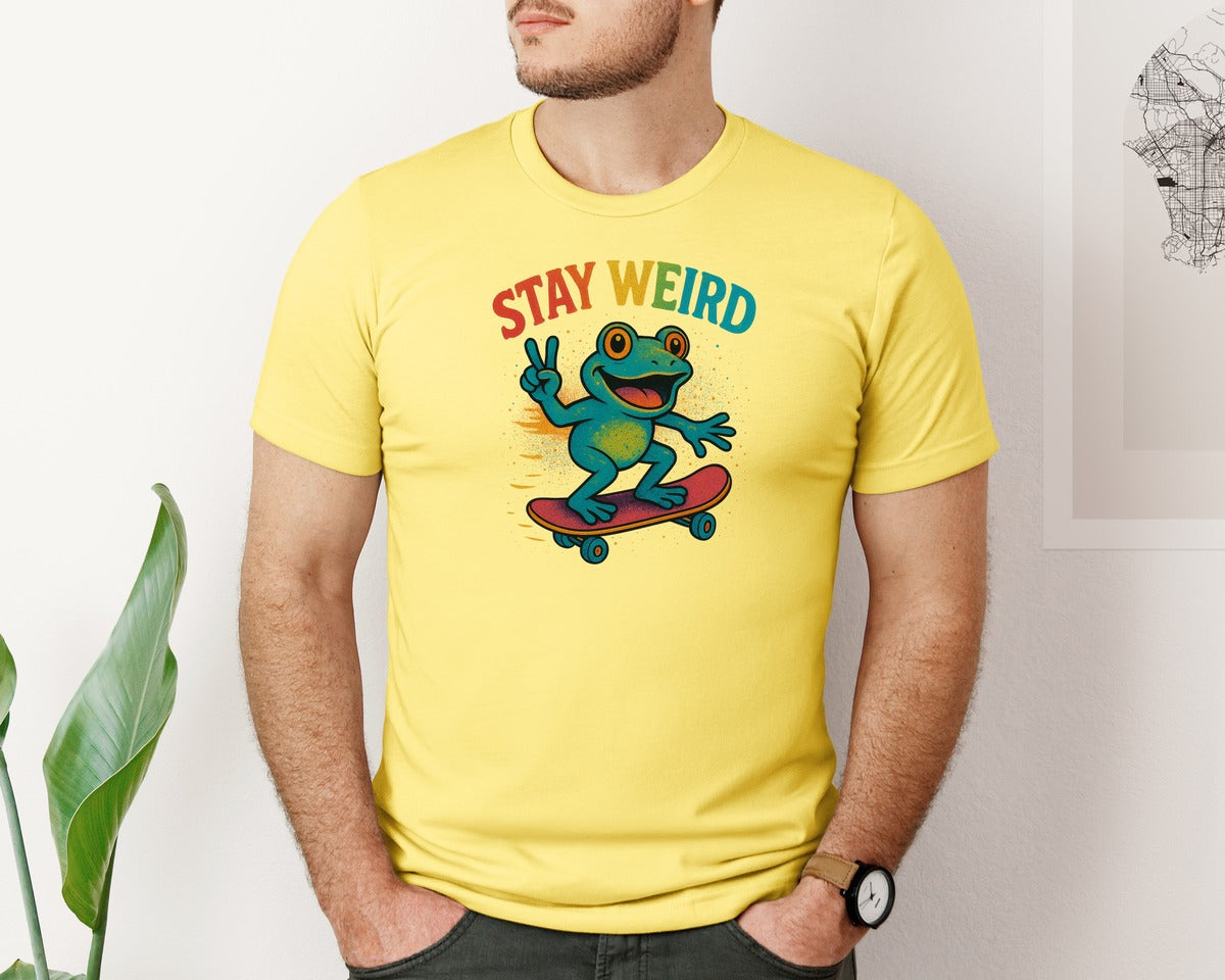 brand:Bella Canvas|color:Yellow|Stay Weird Skater Frog Design Graphic T-Shirt