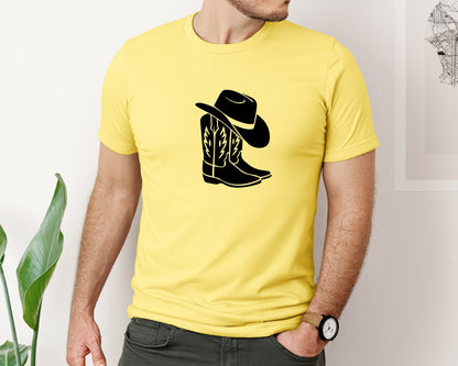 brand:Bella Canvas|color:Yellow|Cowboy Boots And Hat Silhouette Graphic T-Shirt