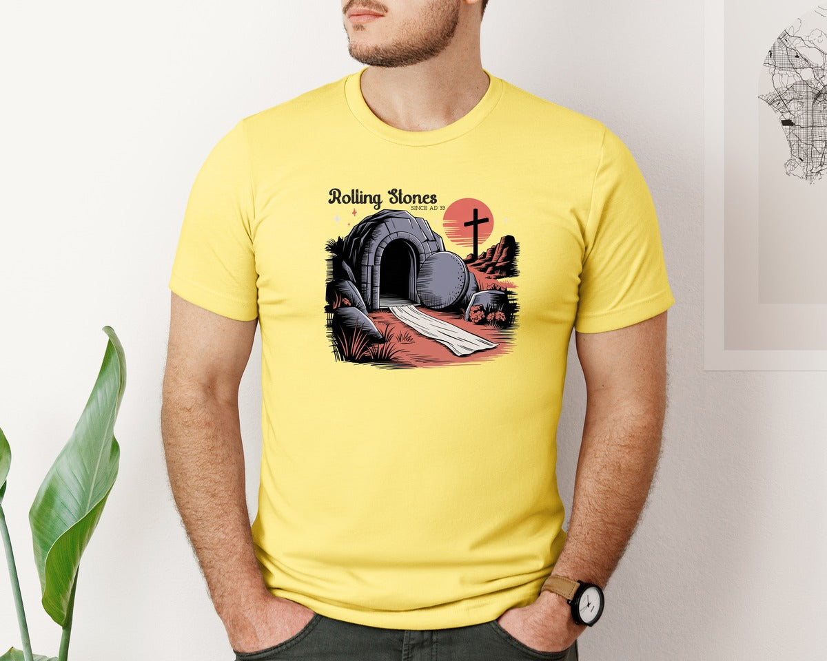 brand:Bella Canvas|color:Yellow|He Is Risen Religious Stone Graphic T-Shirt