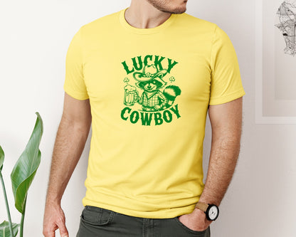 brand:Bella Canvas|color:Yellow|Lucky Cowboy Funny St Patricks Day Graphic T-Shirt
