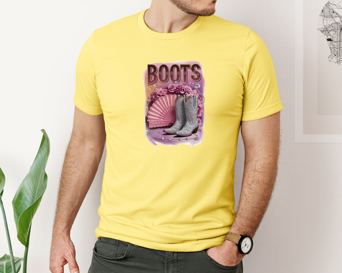 brand:Bella Canvas|color:Yellow|Boots Sparkling Western Cowgirl Glam Graphic T-Shirt