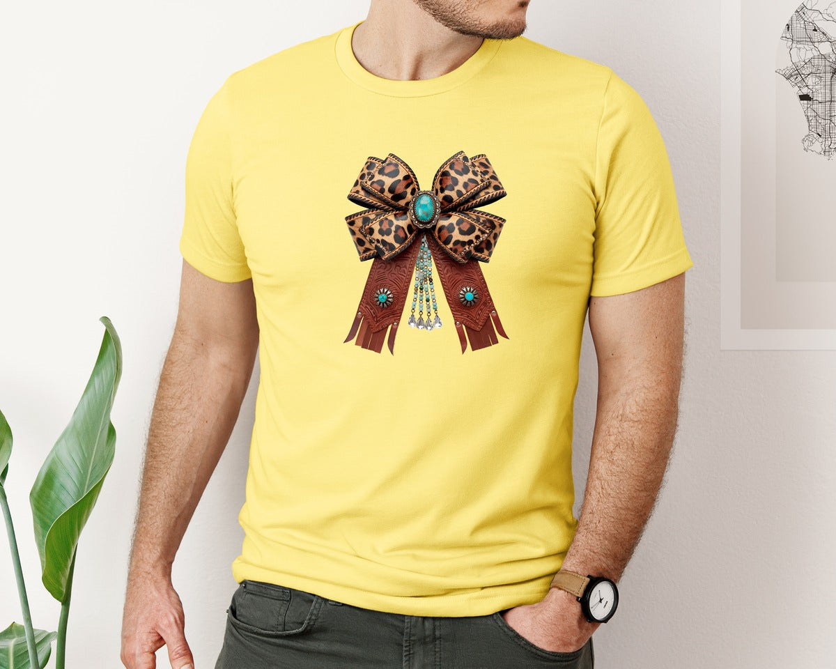 brand:Bella Canvas|color:Yellow|Western Leopard Bow Coquette Cowgirl 2 Graphic T-Shirt