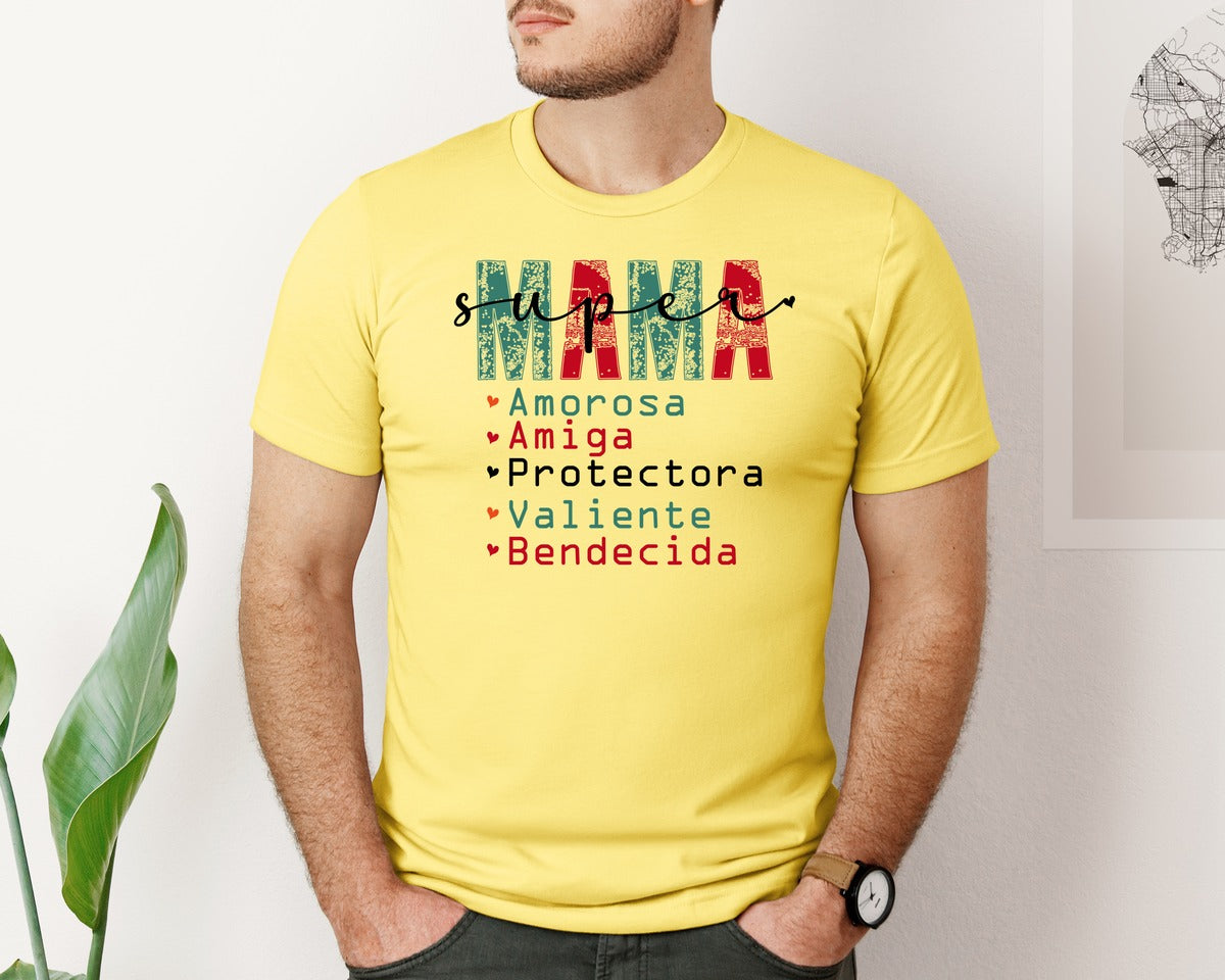 brand:Bella Canvas|color:Yellow|Super Mama Spanish Mothers Day 3 Graphic T-Shirt