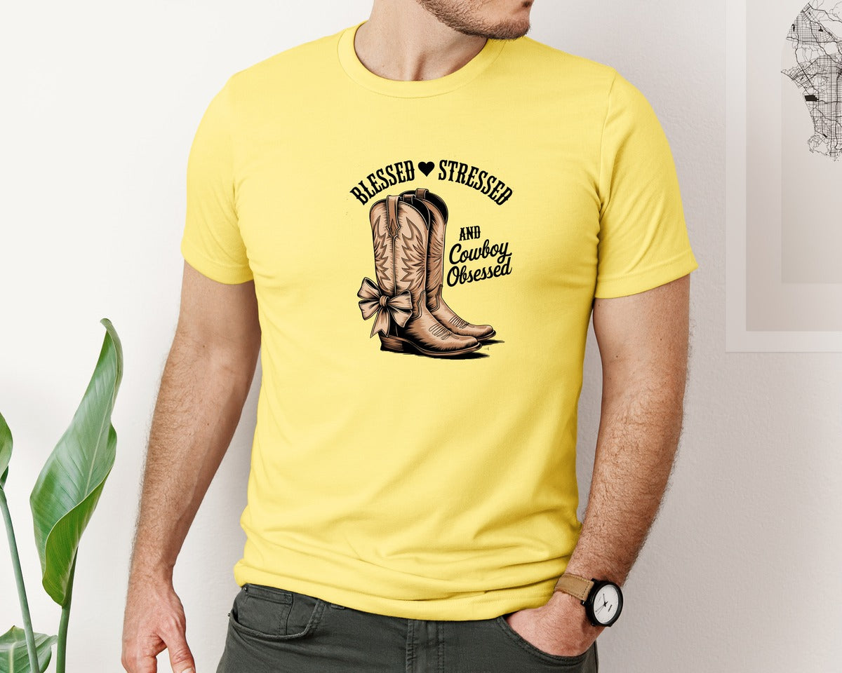 brand:Bella Canvas|color:Yellow|Blessed Stressed Mom Western Mothers Day 2 Graphic T-Shirt