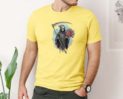 brand:Bella Canvas|color:Yellow|Grim Reaper With Flowers Gothic Graphic T-Shirt