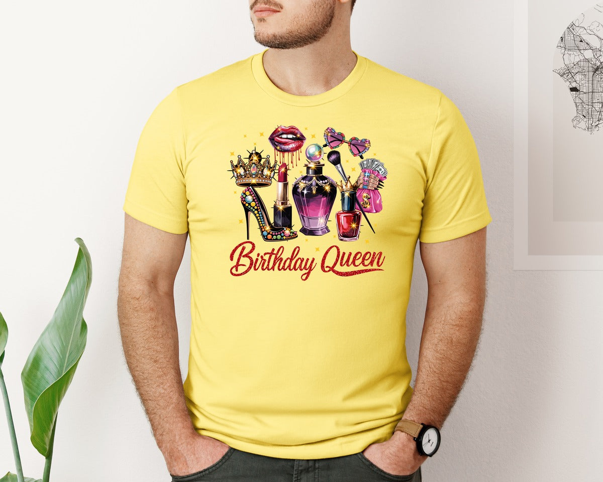 brand:Bella Canvas|color:Yellow|Birthday Queen Glam Makeup Heels Perfume Graphic T-Shirt