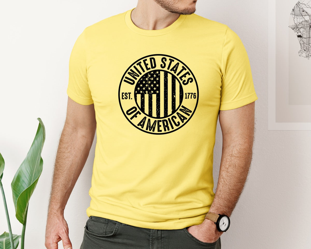 brand:Bella Canvas|color:Yellow|United States Of America Patriotic Graphic T-Shirt