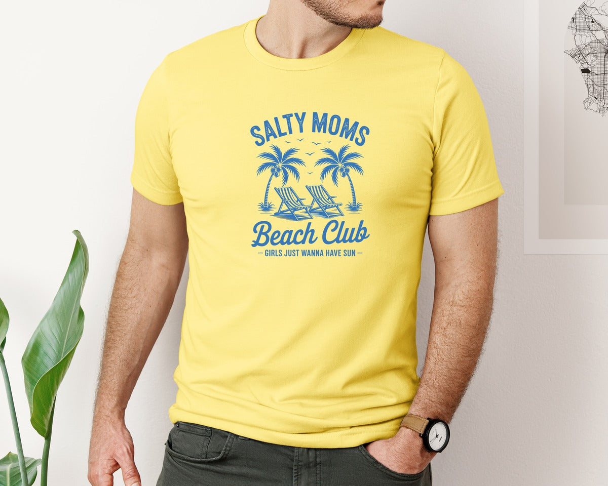 brand:Bella Canvas|color:Yellow|Salty Moms Summer Beach Club Sublimtion Graphic T-Shirt