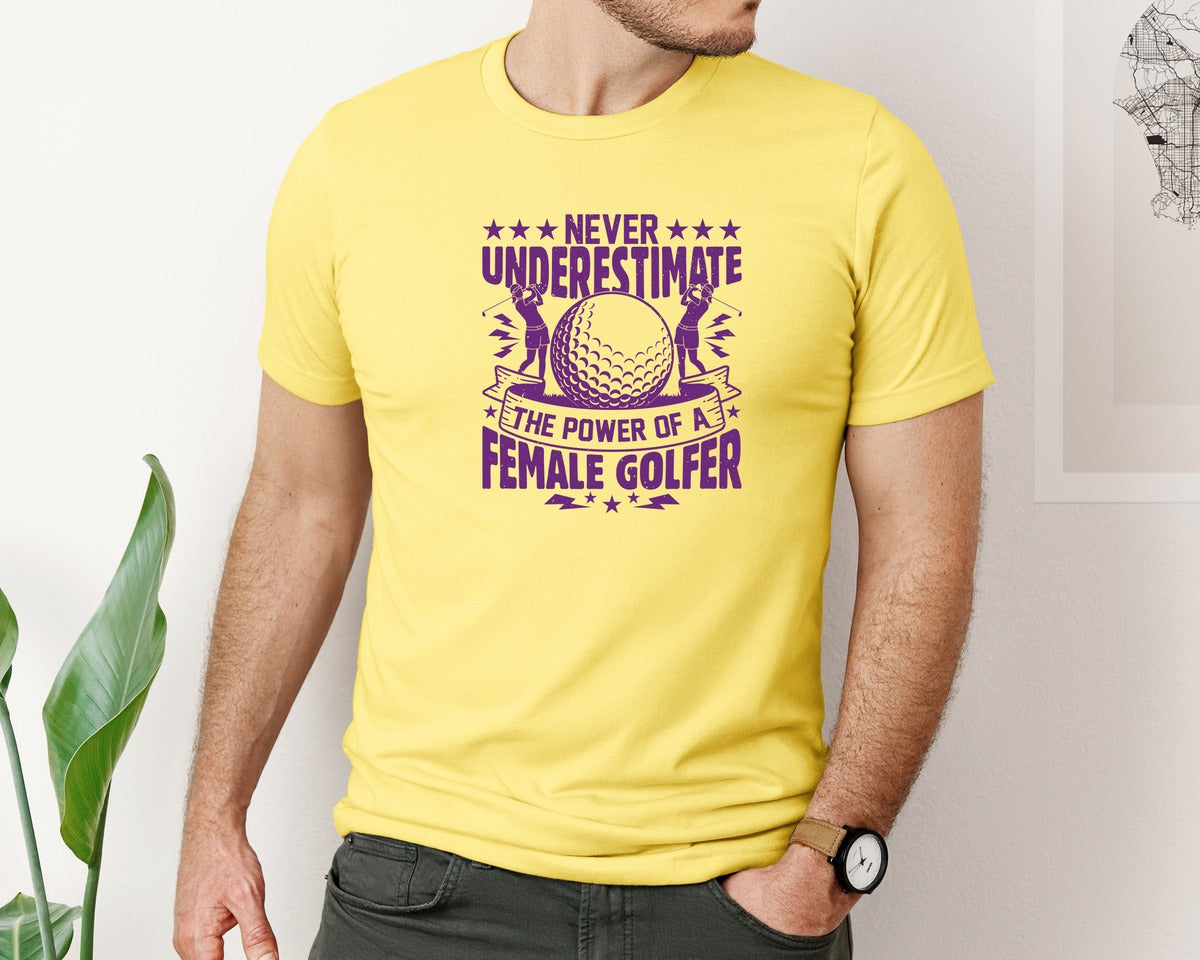 brand:Bella Canvas|color:Yellow|Female Golfer Golf Club T Shirt Design Graphic T-Shirt