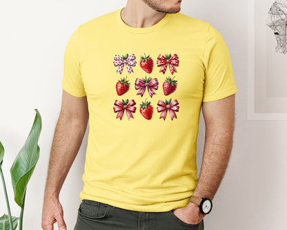 brand:Bella Canvas|color:Yellow|Strawberry Bow Cute Fruit Graphic T-Shirt